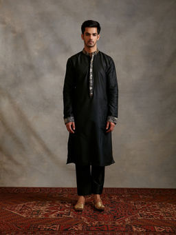 Abhishti - Banarasi Collared Kurta with Zari Placket and Afghani Pants Metallic Black (Set of 2)
