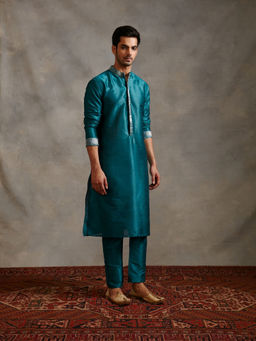 Abhishti - Banarasi Zari Detail Buttoned Down Kurta Teal Blue