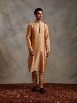 Abhishti - Banarasi Straight Kurta with Contrasting Detail Sand Beige