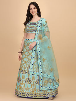 Amrutam Fab - Womens Sky Blue Colour Satin Work Lehenga Choli (Set of 3)