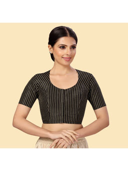 Studio Shringaar - Black Polyester Short Sleeves Handloom Silk Stitched Blouse