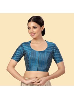 Studio Shringaar - Turquoise Polyester Short Sleeves Handloom Silk Stitched Blouse