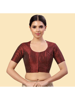 Studio Shringaar - Maroon Polyester Short Sleeves Handloom Silk Stitched Blouse