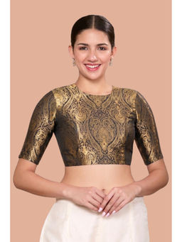 Studio Shringaar - Black Silky Brocade Round Neck Stitched Blouse