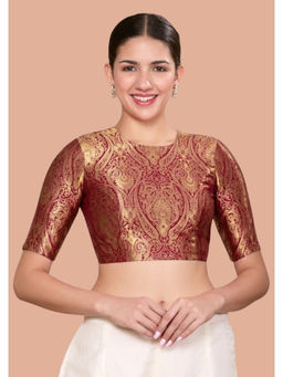 Studio Shringaar - Maroon Silky Brocade Round Neck Stitched Blouse