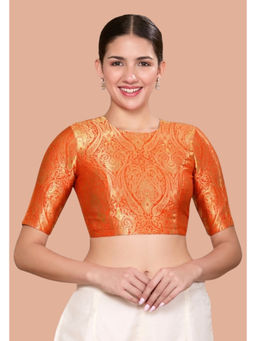 Studio Shringaar - Orange Silky Brocade Round Neck Stitched Blouse