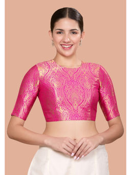 Studio Shringaar - Pink Silky Brocade Round Neck Stitched Blouse
