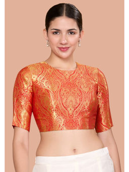 Studio Shringaar - Red Silky Brocade Round Neck Stitched Blouse