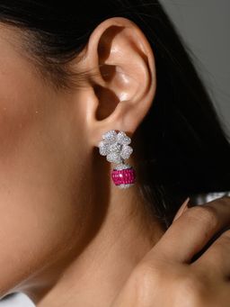 METALM - Sparkling Cz Crystal Floral Droplet Earrings In 925 Silver