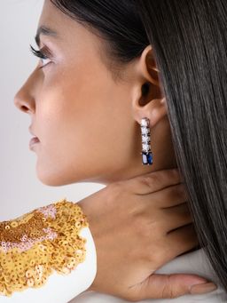 METALM - 925 Silver Square Cut Blue Diamond Drop Earrings