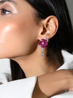 METALM - 925 Silver Cz Diamond Pink Flower Earrings