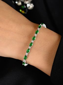METALM - 925 Silver Tennis Bracelet With Oval Cut Emerald Green Cz Diamonds