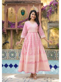 Juniper - Onion Pink Anarkali Dress with Intricate White Print