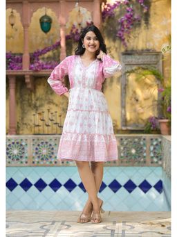 Juniper - Onion Pink Ethnic Motif Printed Cotton Short Dress with Mirror Work and Lace