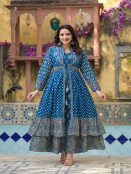 Juniper - Indigo Floral Printed Cotton Long Dress and Shrug with Doris (Set of 2)