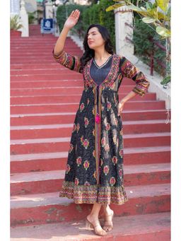 Juniper - Black Printed Floral Fit and Flared Dress (Set of 2)