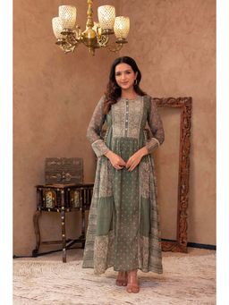 Juniper - Green Floral Embroidered Cotton Dress with Tassels and Denim Look