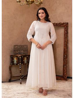 Juniper - White Viscose Flared Mirror Embroidered Kurta with Cotton Lining and Button Details