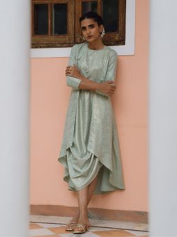 W - Green Mock Layered Printed Festive Cowl Dress