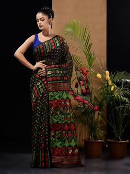 CHARUKRITI - Black Handwoven Saree with Ethnic & Floral Designs