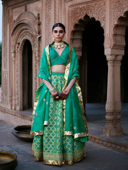 WeaverStory - Green Georgette Banarasi Bandhej Lehenga Skirt with Choli and Dupatta (Set of 3)