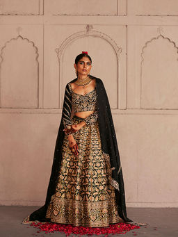 WeaverStory - Black Dual Shade Hand Zardozi Lehenga with Choli and Organza Dupatta (Set of 3)