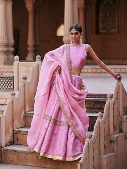 WeaverStory - Baby Pink Raw Silk Hand Lehenga with Choli and Dupatta (Set of 3)