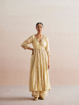 WeaverStory - Nayaab Off White Cotton Tissue Angarkha with Pant (Set of 2)