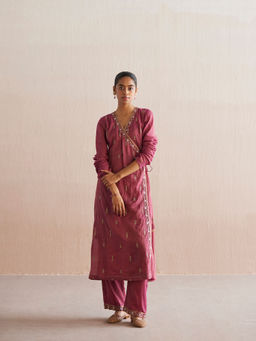 WeaverStory - Mahjabeen Rani Pink Tissue Angarkha with Pant (Set of 2)