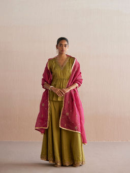 WeaverStory - Izhaar Chartreuse Green Cotton Tissue Kurta with Skirt and Dupatta (Set of 3)