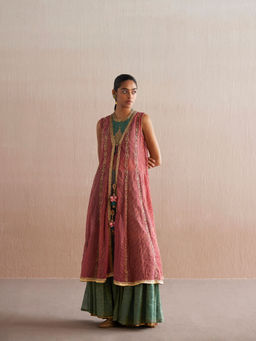 WeaverStory - Zehenaseeb Sea Green Cotton Tissue Crop Top with Gharara and Cape (Set of 3)