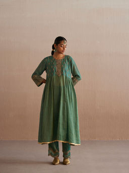 WeaverStory - Noor Sea Green Cotton Tissue Kurta with Pant (Set of 2)