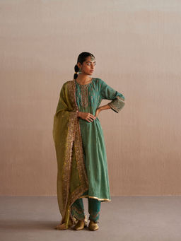 WeaverStory - Noor Sea Green Cotton Tissue Kurta with Pant and Organza Dupatta (Set of 3)