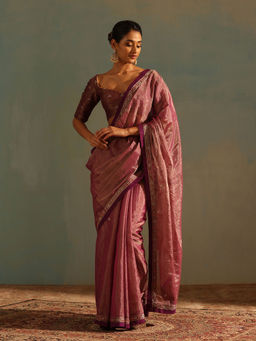 WeaverStory - Purple Hand Tissue Saree with Zardozi and Raw Border