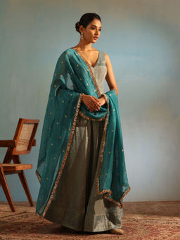 WeaverStory - Blue Tissue Silk Anarkali Kurta with Churidar and Organza Dupatta (Set of 3)