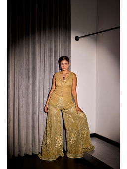 SANYA GULATI - Gold Embroidered Palazzo Pants & Top (Set of 2)