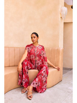SANYA GULATI - Pink Floral Print Cape & Pant Co-Ord (Set of 3)