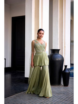 SANYA GULATI - Sage Green Peplum Top & Sharara with Drape (Set of 2)