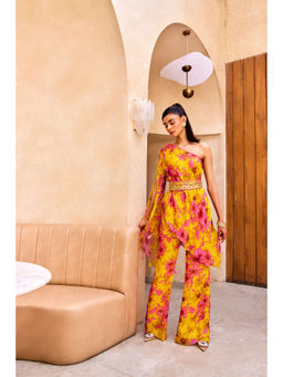 SANYA GULATI - Yellow Floral Print One Shoulder Kurta Pants (Set of 3)
