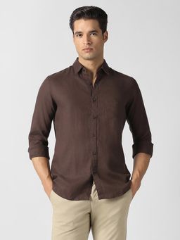 Van Heusen - Men Brown Solid Full Sleeves Casual Shirt