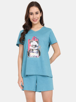 Zivame - Rosaline Emoji Knit Cotton T-shirt And Shorts -baltic (Set of 2)