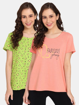 Zivame - Rosaline Mystic Town Knit Cotton Tops - Green Coral (Pack of 2)