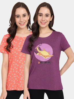 Zivame - Rosaline Bloom Fest Knit Cotton Tops - Orange Purple (Pack of 2)