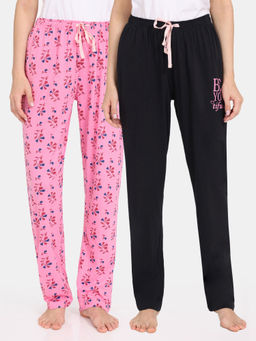 Zivame - Rosaline Bloom Fest Knit Cotton Pyjamas - Black Pink (Pack of 2)