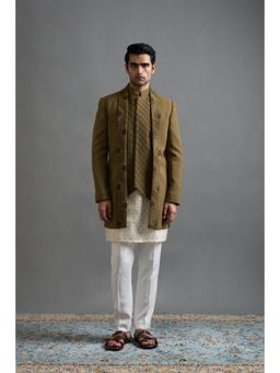 Gargee Designers - Men Olive Bandhgala Kurta with Waistcoat and Pant