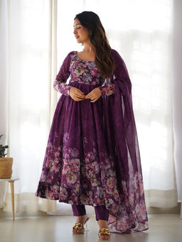 JATRIQQ - Silk Floral Anarkali with Pant and Dupatta (Set of 3)