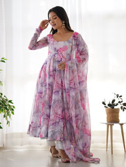 JATRIQQ - Silk Floral Anarkali with Pant and Dupatta (Set of 3)