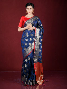 EXCLUSIVA - Navy Blue Zari Woven Work Banarasi Saree with Unstitched Blouse