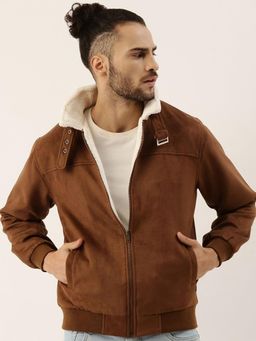 Campus Sutra - Men's Brown Zip-Front Jacket with Fleece Detail