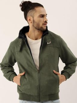 Campus Sutra - Men's Army Green Fur-Lined Suede Bomber Jacket